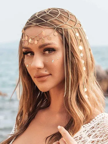 Miniatura 7 de Yean Diadema de lentejuelas doradas para adultos, joyería bohemia para el cabello, borla para festival, disfraz para mujeres y niñas