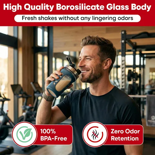 Miniatura 2 de Botella mezcladora de vidrio para mezclas y batidos de proteínas, 20 onzas, sin BPA, a prueba de fugas y duradera, botella mezcladora para gimnasio