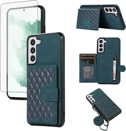 Asuwish Funda de teléfono para Samsung Galaxy S22 Plus S22+ 5G Funda tipo cartera con protector de pantalla de vidrio templado y correa cruzada,