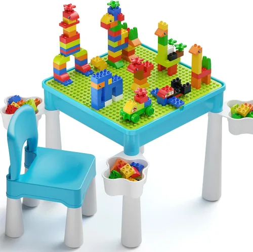 Burgkidz Juego de mesa de actividades y sillas 5 en 1 con almacenamiento, 128 bloques de construcción compatibles con las principales marcas,