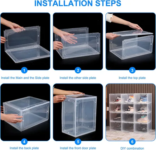 Miniatura 5 de HIYOHIYO Cajas de zapatos apilables de plástico transparente tamaño 14, contenedores magnéticos para zapatos, caja de almacenamiento plegable
