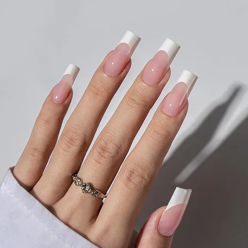 Miniatura 2 de BTArtboxnails XCOATTIPS - Uñas a presión con punta francesa blanca, color rosa, cuadradas, largas, uñas postizas acrílicas removibles por remojo