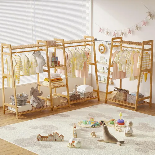 Miniatura 4 de BAMBOOHOMIE Perchero de ropa para niños con estantes, perchero de ropa de bambú para niños, niños y bebés, perchero de almacenamiento para vestirse