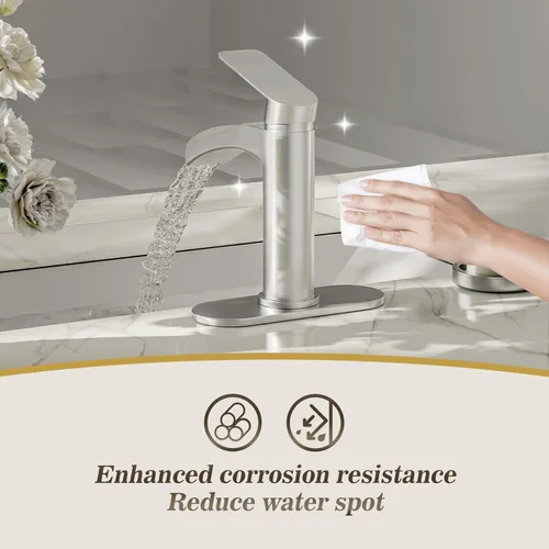 Miniatura 6 de Phiestina Grifo de baño de cascada de níquel cepillado de una sola manija, con placa de cubierta de 6 pulgadas y ensamblaje de drenaje desplegable
