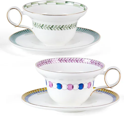 Miniatura 20 de KAMMAK Juego de 2 tazas de café de cerámica, tazas de café de porcelana con platillos, 6.52 onzas hechas a mano, elegante taza de té de porcelana