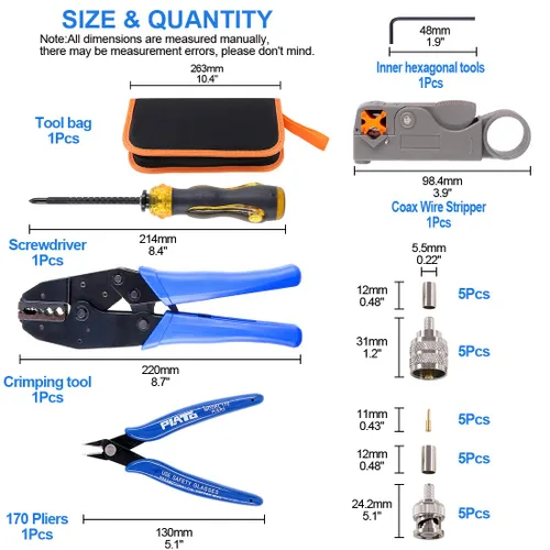 Miniatura 2 de Glarks - Juego de herramientas para cables coaxiales, herramienta de crimpado de conectores RF coaxiales + pelacables coaxiales + conectores machos