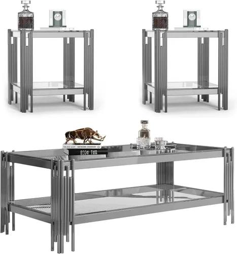Miniatura 30 de Mesa auxiliar rectangular de vidrio de 48 pulgadas, mesa de centro de 2 niveles con parte superior de vidrio templado negro, patas de acero