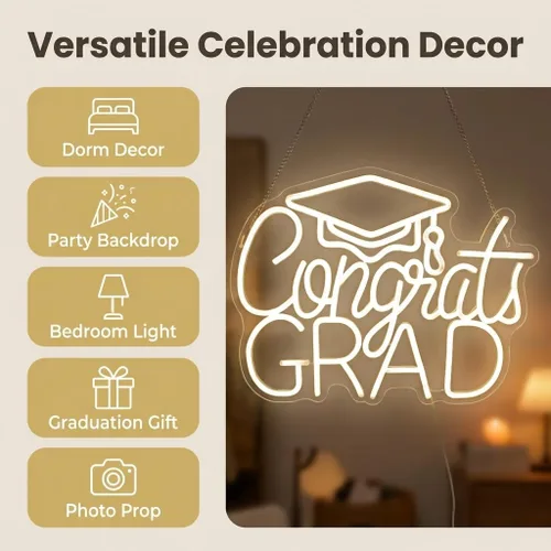Miniatura 2 de Letrero de Felicitaciones Graduación Neón 2025 - Decoración de Graduación USB Blanca Cálida para Telón de Fondo, Dormitorio, Noche de Prom AA- Blanco