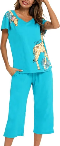 Miniatura 5 de ENJOYNIGHT Conjunto de pijama de algodón para mujer, parte superior de manga corta y pantalones capri, ropa de dormir de 2 piezas