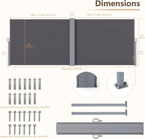 Miniatura 6 de C-Hopetree Toldo retráctil de doble cara de 236 x 71 pulgadas, para patio, impermeable, panel de privacidad para terraza, porche y balcón
