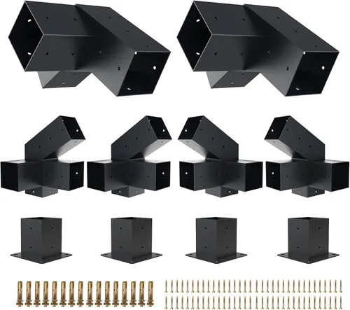 Miniatura 8 de Kit de pérgola Grehitk - Soporte de esquina de ángulo recto de 5 vías para bricolaje Base de poste de madera para cenadores, patio, cabaña