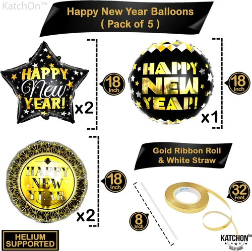 Miniatura 4 de KatchOn, Globos negros y dorados de Año Nuevo – 18 pulgadas, paquete de 5 Globos de feliz año nuevo para suministros de fiesta de Año Nuevo 2025