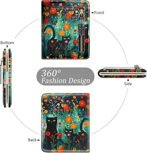 Miniatura 6 de Billetera de cuero genuino de lujo para mujer con bloqueo RFID, compacta, plegable, con ventana para identificación, Gato negro, Moderno