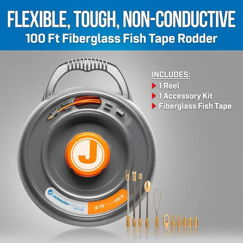 Miniatura 2 de Jonard Tools FTF-1125 Fibra de vidrio Fish Tape Rodder, 100 pies para empujar y tirar de fibra óptica y cable eléctrico