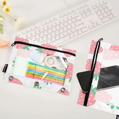 Miniatura 4 de Estuche para lápices de fresas rosas para carpetas de 3 anillas, estuche para lápices, bolsa de maquillaje con ventana transparente para almacenar