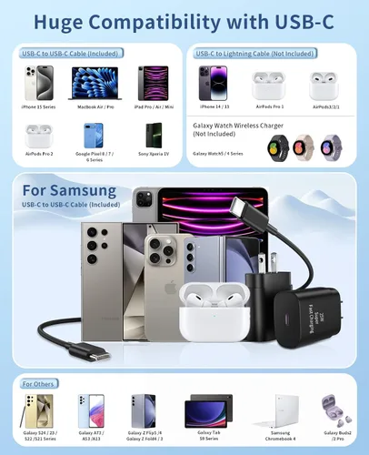 Miniatura 7 de Cargador Tipo C de Carga Rápida, Paquete de 2 Cargadores USB C Súper Rápidos de 25 W con Cable USB C de 6 Pies Compatible con Samsung Galaxy S24