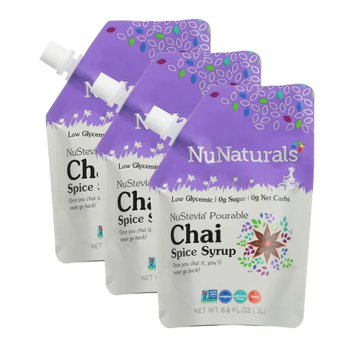 NuNaturals Jarabe de stevia, edulcorante sin azúcar, sustituto de azúcar a base de plantas, cero calorías, jarabe sin azúcar, especias chai, 6.6