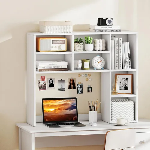 Miniatura 19 de LDAILY Desktop Bookshelf, 2-Tier Office Desk Shelf Organizer Desk Hutch with 4 Shelves, 37’’L Wood Storage Rack Display Shelf for Computer Desk