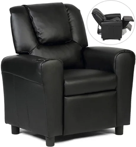 Miniatura 9 de ARLIME Silla reclinable para niños, sillón tapizado con soporte para tazas, respaldo, sofá de cuero para bebé con reposacabezas y reposapiés, Negro