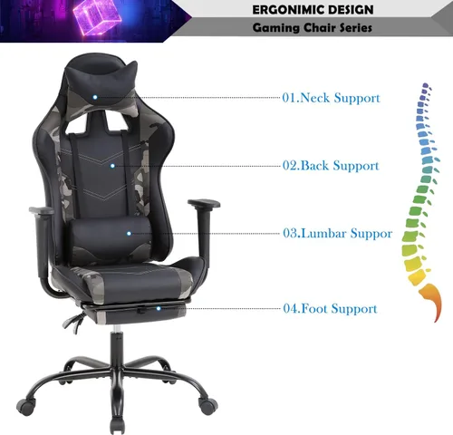 Miniatura 6 de Silla para videojuegos, silla reclinable de piel sintética con soporte lumbar, reposacabezas y respaldo alto, silla de oficina de carreras, silla