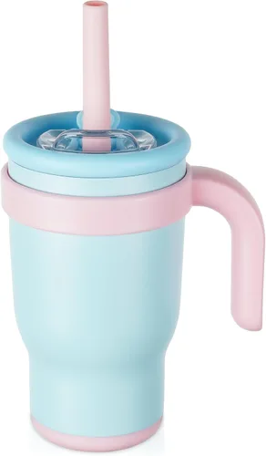 Miniatura 10 de Taza de 14 onzas para niños pequeños con aislamiento al vacío de acero inoxidable con asa, taza a prueba de derrames, pajita a prueba de fugas, taza
