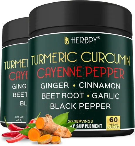 Herbpy Suplemento 7 en 1 de pimienta de cayena y cúrcuma – Digestión, salud cerebral y cardíaca y apoyo inmunológico con Ceilán, ajo, raíz de