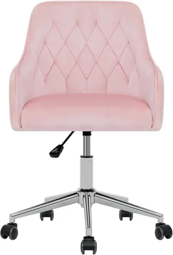 Miniatura 7 de VANSPACE Silla de escritorio de terciopelo para maquillaje con ruedas y respaldo, silla de oficina en casa, silla giratoria ajustable para Rosa