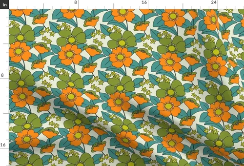 Miniatura 3 de Spoonflower Tela – 70S floral naranja retro divertido hippie medio verde oliva verde azulado vintage impreso en tela de gasa cuarto gordo – costura