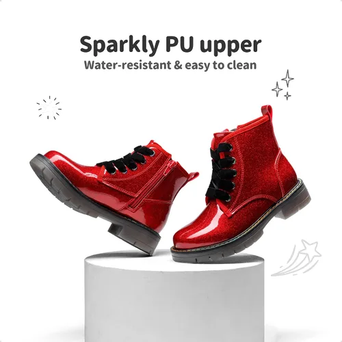 Miniatura 3 de DREAM PAIRS Botas de tobillo con purpurina para niñas y niños, zapatos de combate con cremallera lateral con cordones (bebéniño pequeñoniño grande)