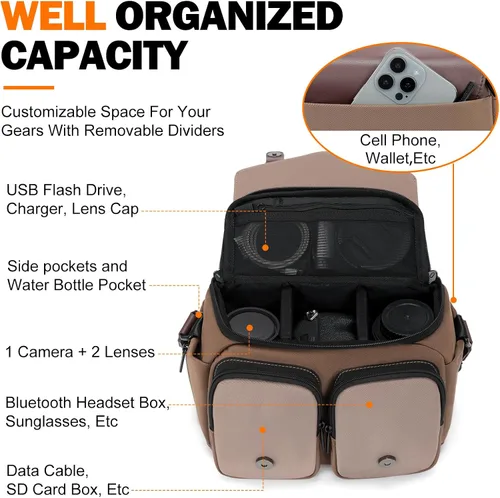 Miniatura 4 de Cwatcun - Bolso bandolera impermeable para cámara con tapa, maletín cruzado para hombro con soporte para trípode, bolso de fotografía para viajes