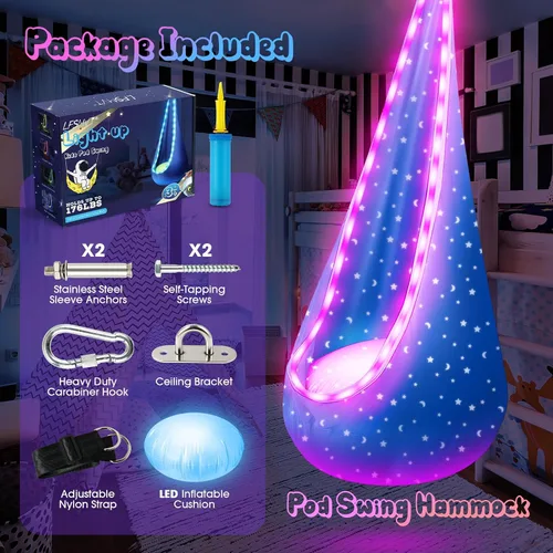 Miniatura 4 de Silla de columpio para niños con luz, columpio colgante con luces LED, columpio sensorial con almohada inflable y todos los accesorios, columpio