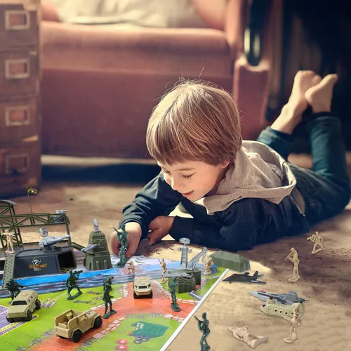 Miniatura 3 de Juego de base militar de 47 piezas, juego de hombres del ejército con accesorios de vehículos, soldado ejército y mapa de juego, mini tanque
