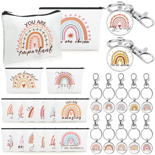 Pinkunn Bolsa de cosméticos de lona arcoíris para el día de la madre, regalos a granel para mujeres con cita inspiradora, juego de 16 bolsas de
