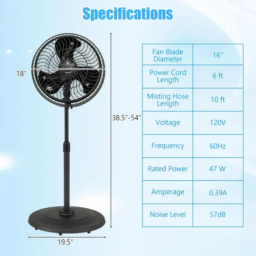 Miniatura 7 de COSTWAY Ventilador de nebulización para exteriores, ventilador de pedestal oscilante de 16 pulgadas con altura ajustable, 3 niveles de niebla, 3