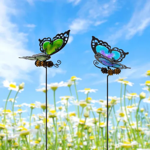 Estacas de jardín de mariposas, kit de mariposa hecho de vidrio y metal, mariposas coloridas decoraciones de jardín pueden hacer que el jardín esté