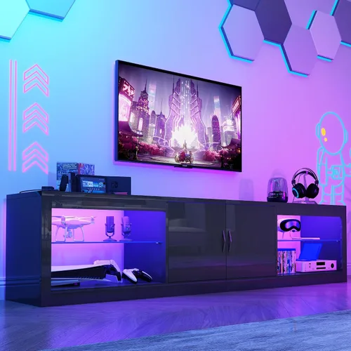 Miniatura 7 de Vinctik 6&Fox Soporte de TV LED de 70 pulgadas para TV de 80/75 pulgadas, centro de entretenimiento negro moderno con estantes de vidrio ajustables