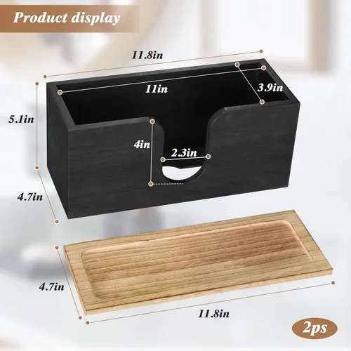 Miniatura 3 de Paquete de 2 dispensadores de toallas de papel de madera maciza montados en la pared, soporte de toalla de papel plegado con tapa, plegable en C