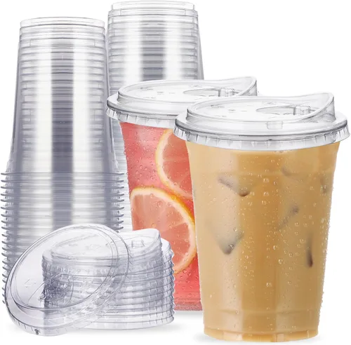 Vasos de plástico transparentes de 16 oz con tapas sin pajita, 25 juegos de vasos desechables de plástico para café helado, vasos para llevar con