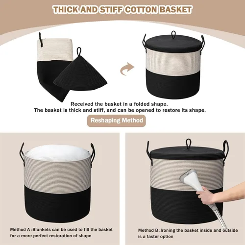 Miniatura 4 de Cestas de almacenamiento extra grandes de 21 x 18 pulgadas, cestas de cuerda ecológicas con tapa, cesta de manta para sala de estar con tapa, cestas