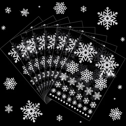 Miniatura 7 de Outus 16 hojas de pegatinas de copo de nieve, pegatinas de invierno brillantes, pegatinas de copo de nieve para fiestas, manualidades de álbum