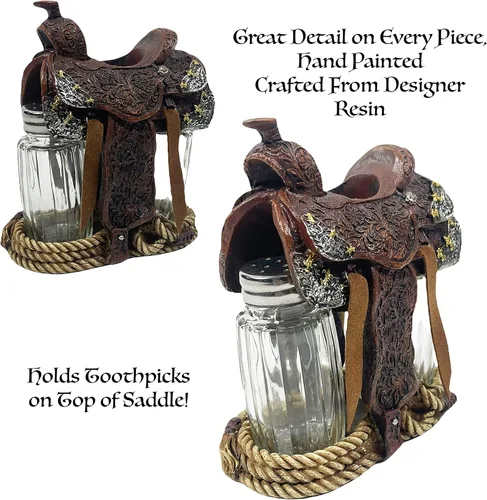 Miniatura 3 de Urbalabs Western Saddle Wagon Wheel Spur and Belt Country Star Cowboy Roper Star - Salero y pimentero con hebilla de estrella, carrito para mesa