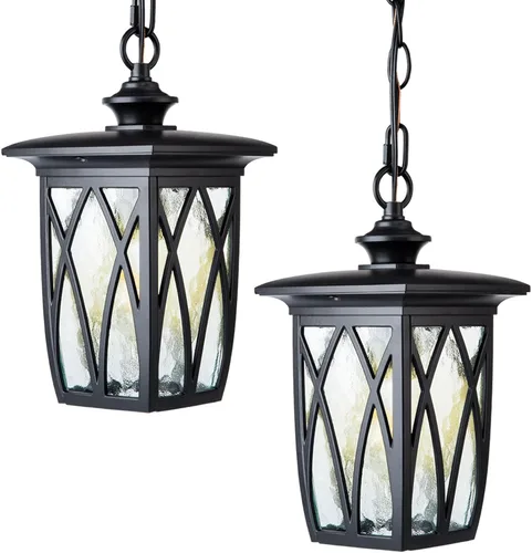 JYZ Paquete de 2 lámparas colgantes para exteriores, farol colgante exterior de 12 pulgadas, lámpara moderna de metal negro para exteriores, lámpara