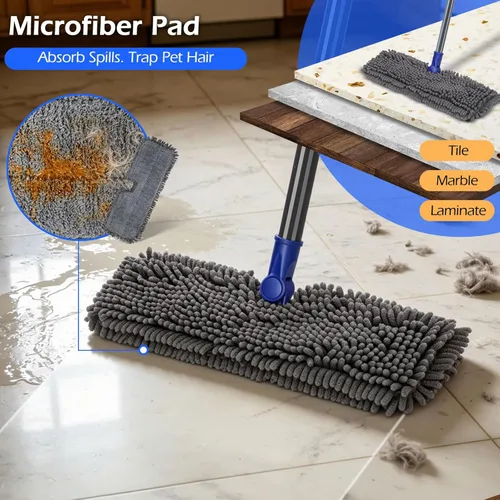 Miniatura 5 de MASTERTOP Escoba de microfibra para polvo, trapeadores planos de doble cara para pisos de madera dura con 4 almohadillas reutilizables, trapeadores