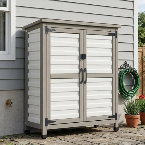 Miniatura 21 de Armario de almacenamiento esquinero para exteriores de 62 pulgadas de alto con puertas con cerradura, armario de almacenamiento pequeño