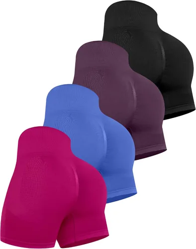 Miniatura 25 de CHRLEISURE Pantalones Cortos de Entrenamiento para Mujer, 4 Paquetes, Cintura Alta, Levantamiento de Glúteos con Fruncido, Pantalones Cortos Booty