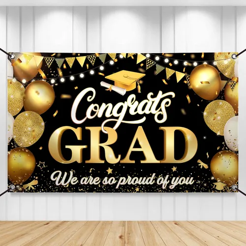Miniatura 9 de KatchOn, Cartel con texto en inglés «We are So Proud of You» – Cartel de felicitaciones preencordado de 10 pies, cartel de graduación negro