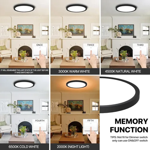 Miniatura 7 de Lámpara de techo LED regulable con control remoto, 24 W, 2640 lúmenes, 12 pulgadas, luz nocturna cálida de 2000 K y 3000 K-6500 K, moderna lámpara