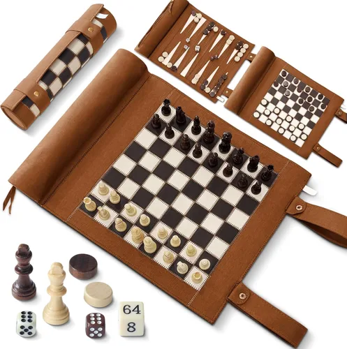 Miniatura 8 de Woodronic Juego de backgammon de ajedrez magnético, juego de ajedrez magnético 3 en 1 para adultos, juego de mesa de gamuza portátil enrollable