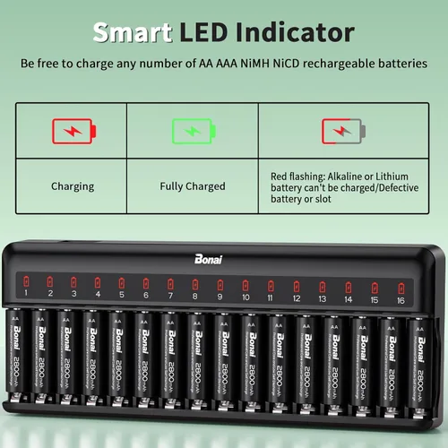 Miniatura 6 de Bonai Baterías AA recargables con cargador, 2800 mAh de alta capacidad precargadas, baja autodescarga, a prueba de fugas, doble A (paquete de 16)