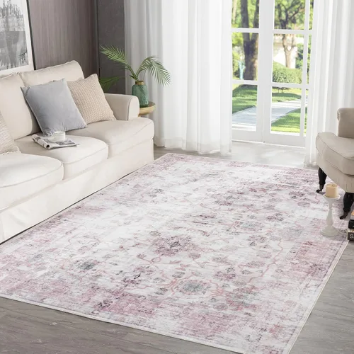 Syalife Alfombra lavable 5 x 7, ultra suave, antideslizante, de pelo bajo, resistente a las manchas, alfombra de área vintage para sala de estar,